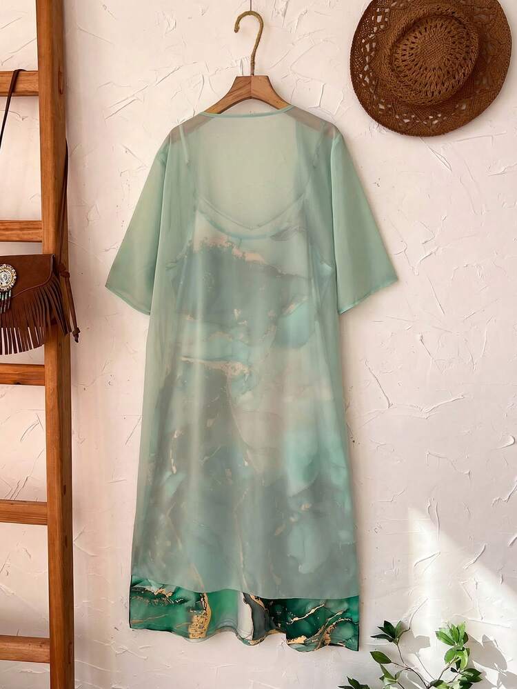 Plus Size Women 2pcs Set: Solid Color Short Sleeve Robe & Marble Print Cami Dress, Casual For Summer/ Vacation Summer Outfits Summer Clothes  Spring  Spring Outfit Women Spring Clothes Country Style For Women  Summer Kimono Boho Kimono Mint Green Dress Women Kimono For Woman