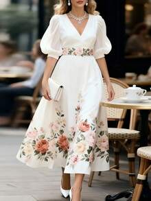 EMERY ROSE Women's V-Neck Puff Sleeve Elegant Floral Print Dress