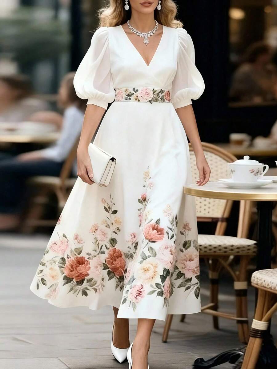 EMERY ROSE Women's V-Neck Puff Sleeve Elegant Floral Print Dress