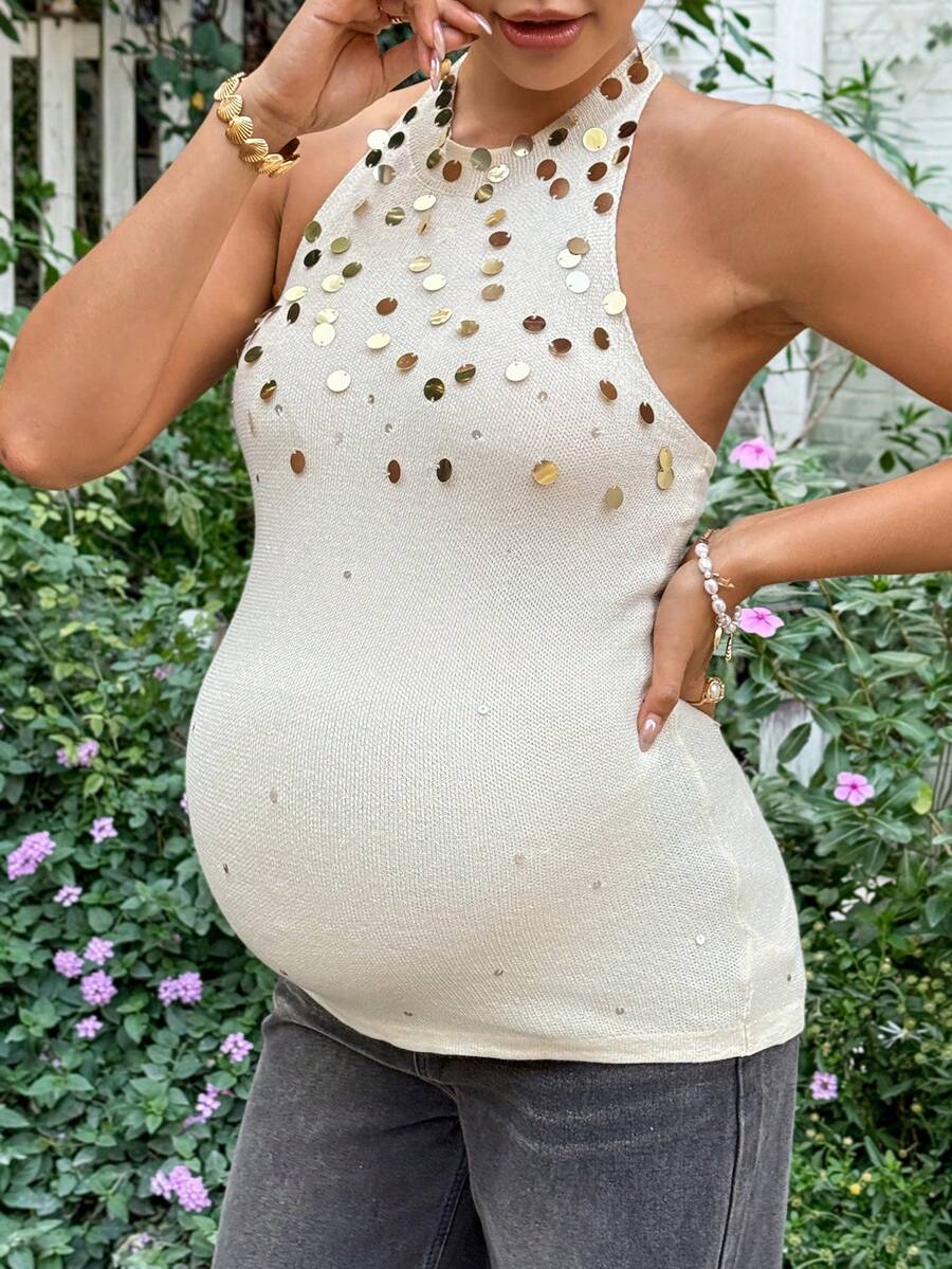 SHEIN Maternity Clothes Maternity Tops Pregnant Women's Fashionable Sequin Halter Tie-Up Knit Top, Summer Vacation - Apricot - View 1