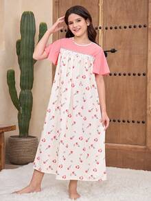 SHEIN 青少年女孩寬鬆休閒極簡舒適圓領短袖純色拼接碎花居家服 - 紅白色 - 查看 6