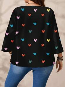 EMERY ROSE 大码女式休闲浪漫全心印花宽松圆领七分袖衬衫，红色，适合情人节，情人节礼物 - 彩色 - 查看 4