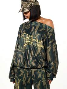 SUMWON WOMEN Oversized Off Shoulder Camouflage Sweatshirt With Script Print Long Sleeve Boxy Fit Pullover For Casual Winter Fall Style - Army Green - View 1