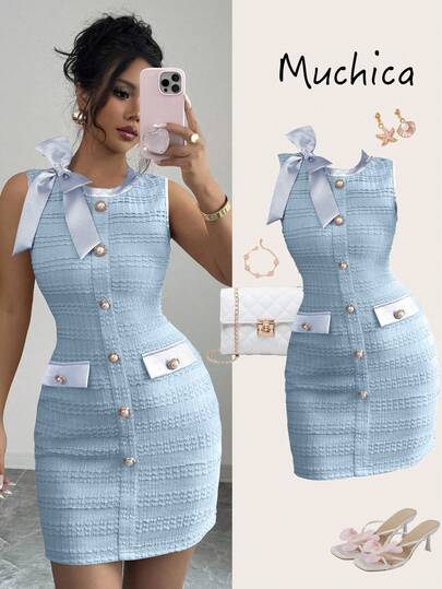 Elenzga Women's Sleeveless Spring/Summer/Early Autumn Butterfly Knit Textured Faux Pearl Button French Elegant Satin Stretch Bodycon Dress 2 Piece Dress Set Brunch 2 Piece Set Bodycon Summer Dress Baby Blue Dress Women Elegant