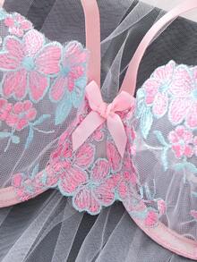 2pcs Women Embroidered Hollow Padded Bra & Panty Set, Sexy Lingerie - Pink - View 6