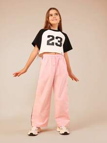 SUMWON Girls Number 23 Raglan Sleeve Crop Top Short Sleeve Baseball Style Graphic Tee Casual Boxy Fit Sports Inspired Top Vacation - Black and White - View 3