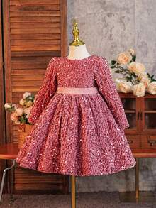 SHEIN Glamorique Kids Girls Princess Dress, Pink Sequin, Puff Long Sleeve, Puffy Skirt, Christmas Young Girl Dress, Party Wear, Ball Gown, Girls Princess Dress, Big Bow Back, Elegant Formal Dress - Dusty Pink - View 2