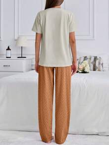 EURMUSE 100%Cotton 2Pcs Cotton Animal Print Shirt And Heart Printed Long Bottom PJ Set - White - View 2