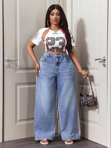 Slaydiva Plus Size High Waist Patchwork Elastic Waistband Washed Denim Jeans - Blue - View 5