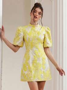 Revavyn Đầm ngắn tay ngắn tối giản, thời trang cao cấp, phối màu tương phản đen trên nền hồng fuchsia, kiểu dáng quý tộc Pháp thanh lịch, tay phồng, thắt eo. - Vàng nhạt - Xem 3