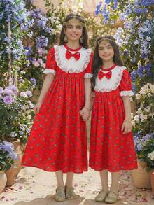 1 pieza Vestido de verano nuevo para niñas con estampado floral rojo, manga corta de globo, cuello de encaje blanco, cintura elástica, largo medio, estilo vintage de princesa - Rojo - Ver 5