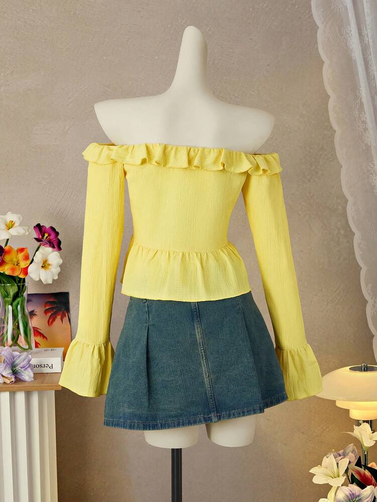 Zolique Women's Solid Color Off Shoulder Long Sleeve Ruffle Trim