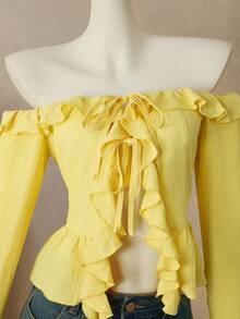 Bellisia Blusa de unicolor con hombros descubiertos, manga larga y ribete de volantes, adecuada para citas y uso diario