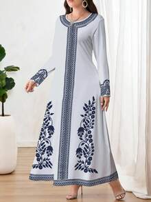 Al Najma Vestido largo de manga larga con cuello en V azul, elegante y de talla grande, con estampado floral, adecuado para citas, vacaciones, uso diario, casual, fiestas, festivales. Vestido largo de otoño/invierno para damas, vestido fluido, vestido maxi floral/vestido vintage, vestido con estampado botánico, vestido azul - Celeste - Ver 6
