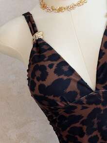 Bonvoyette 2pcs Women's Leopard Print V-Neck Camisole & Tankini Set, Casual Vacation Mature Style, Adjustable Straps, Slimming Design, Summer - Multicolor - View 5