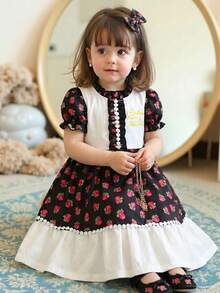 SHEIN Baby Girls' Spring Middle Eastern Style Madder Rose Print Ruffle Collar Puff Sleeve Double Hem Contrast Color Short Sleeve Dress, Soft And Comfortable Fabric, Suitable For Middle Eastern Festivals And Daily Wear, Great For Photos   رمضان  قرقيعان  فستان العيد  الملابس التقليدية العربية - Purple - View 4