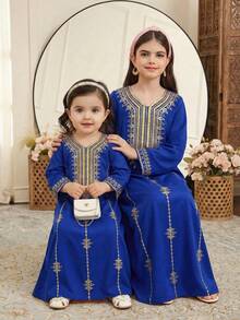 SHEIN Tween Girls' Fashionable Printed V-Neck Long Sleeve Dress