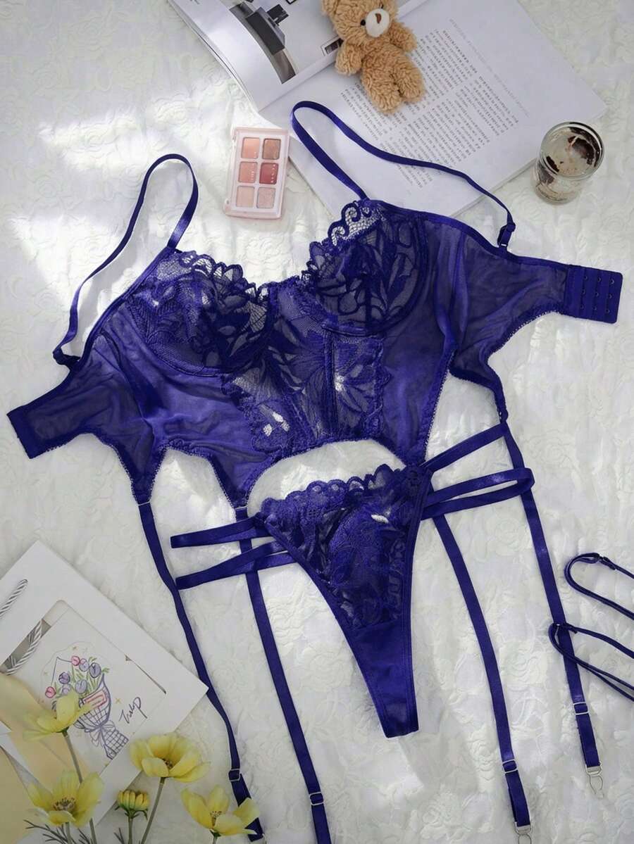 SHEIN 2pcs/Set Women's Sexy Solid Color Lace Sheer Corset - Purple - View 1