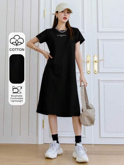Dazy Designer Women's Round Neck Solid Color Letter Print Design Short Sleeve Dress
