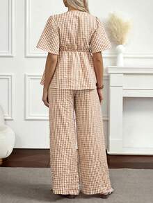 SHEIN 2pcs Set: Lace-Up Plaid Blouse & Wide Leg Pants - Khaki - View 2