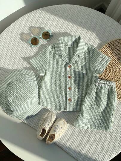 SHEIN 3pcs/Set Unisex Baby Boy/Girl Cute Green Striped Short Sleeve Shirt Outfit, Spring/Summer Baby Clothes, Casual Holiday Outfit, Easter Gift Sthings For Baby