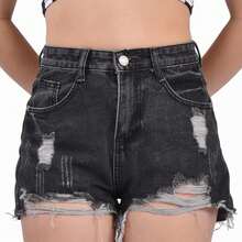 Shorts de Mezclilla Con Desgarre Para Mujer - Negro - Ver 2
