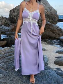 DAZY Women's Romantic Contrast Color Lace Patchwork Sleepwear Set - Robe & Slip Dress Pajamas - Purple - View 5