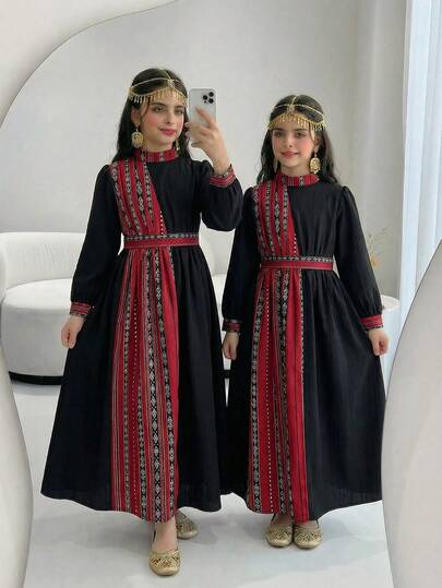 Tween Girl Traditional Vintage Geometric Print Patchwork Dress