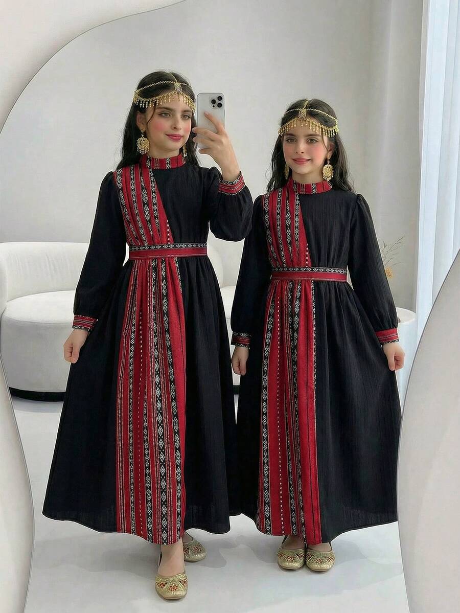 Tween Girl Traditional Vintage Geometric Print Patchwork Dress - Multicolor - View 1