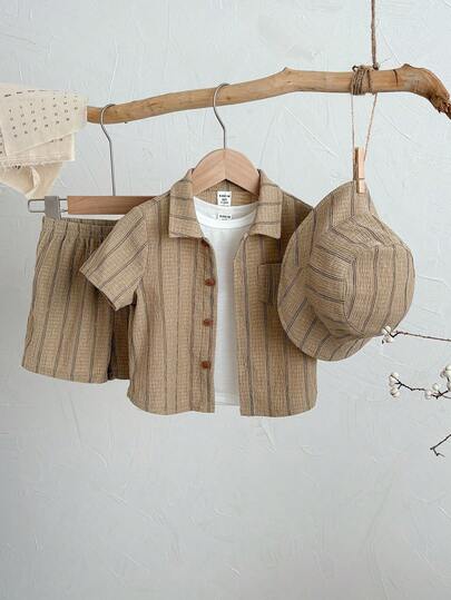 SHEIN 3pcs/Set Unisex Baby Boy/Girl Khaki Striped Short Sleeve Shirt, Shorts And Sun Hat Outfit, Spring/Summer Baby Boy Clothes Mocha Baby Clothes