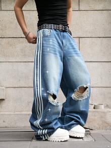 Manfinity EMRG Unisex  Distressed Pocket Design Flared Leg Jeans With Rhinestone Embellishment, Versatile For Daily Wear - Medium Wash - View 4