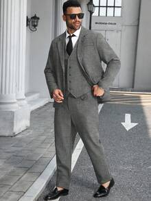 Manfinity Mode Plus Size Men's Lapel NeckLong Sleeve Jacket, Single-Breasted Vest And Pants Business Suit Set