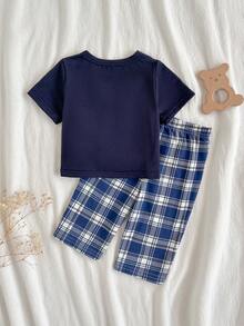 Loomiva 新生女宝宝卡通熊图案针织柔软圆领短袖上衣和格子松紧腰裤两件套 - 彩色 - 查看 2