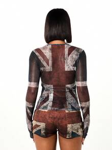 SUMWON WOMEN UK Flag Print Long Sleeve Fitted Crop Top Mesh Semi Sheer Vintage Distressed Style Fall Winter Layer - Multicolor - View 2