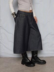 COUREZ 低腰长款阔腿原色牛仔短裤/Y2K夏季女式街头风外出棉质宽松牛仔裤生日夏季短裤 - 深色水洗藍 - 查看 3