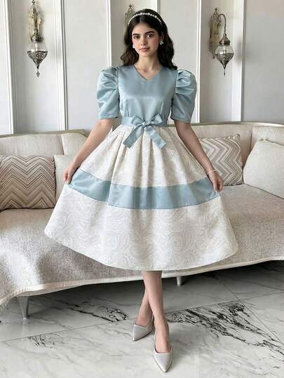 Elegant Satin Puff Sleeve Robe, Suitable For Spring/Summer Ceremonial Events And Gatherings. Soft Fabric Presents A Refined Aesthetic, Ideal For Banquets And Celebrations