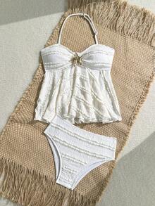 SHEIN 少女纹理针织杏色吊带背心式泳衣套装