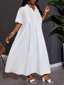SHEIN CURVE+ Curve 尺码 US22 音乐节、海滨度假、波西米亚风夏季新品 休闲通勤纯白色宽松短袖V领褶皱A字长款衬衫裙 - 白色 - 查看 6