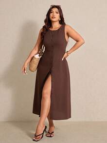 Elaquor 大码夏季休闲纯色纽扣无袖连衣裙 - 咖啡棕 - 查看 3