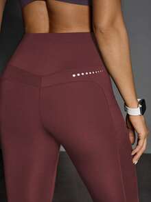 Eassivo Eassivo 女士高腰带口袋休闲健身紧身裤 - 酒紅色 - 查看 5