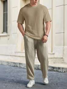 HIMLAND Men Casual Solid Waffle Knit Tee For Summer - Khaki - View 3