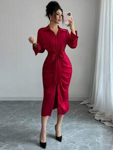 SHEIN Clasi Đầm sơ mi thường ngày tay dài xếp ly màu trơn cho nữ, mùa thu - Đỏ - Xem 4