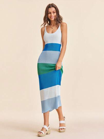 Coeurva 女士撞色修身时尚针织吊带裙