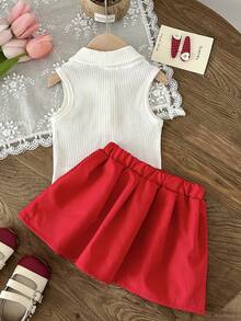 SHEIN 2pcs/ Set Outfits For Baby Girls, Spring/Summer Casual Style, Strawberry Knot Embroidered Sleeveless Top And Red Short Pleated Skirt. - Red - View 3