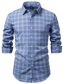 Manfinity Mode 男士休闲格子印花长袖衬衫，适合日常穿着和通勤，春秋季男士休闲衬衫，男士格子衬衫，蓝白格子衬衫，藏青色和灰色格子衬衫，蓝色设计师衬衫 - 淺藍色 - 查看 3