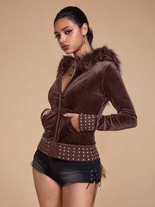 ROMWE Grunge Punk Sudadera con cremallera de terciopelo con decoración de rhinestones, ajustada para mujer, estilo Y2K - Café integral - Ver 5