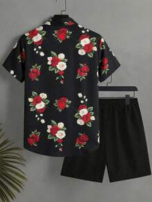 Manfinity Swimmode 男士休闲印花短袖衬衫搭配抽绳短裤沙滩套装，夏季 - 彩色 - 查看 3