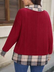 SHEIN LUNE Plus Size Women's Ribbed Knit Plaid Patchwork 2 In 1 Top - Red - View 5
