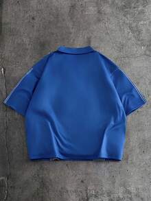 AXEPEAK 男士休闲撞色条纹字母印花短袖Polo衫，夏季 - 藍色 - 查看 2