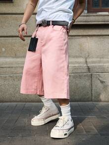 Manfinity Hypemode Men's Casual Loose Fit Printed Denim Wide Leg Shorts With Slant Pockets - Pink - View 7